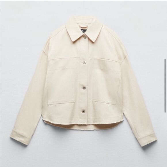 Zara Cream Raw Hem Cropped Boxy Denim Jacket - Picture 1 of 13
